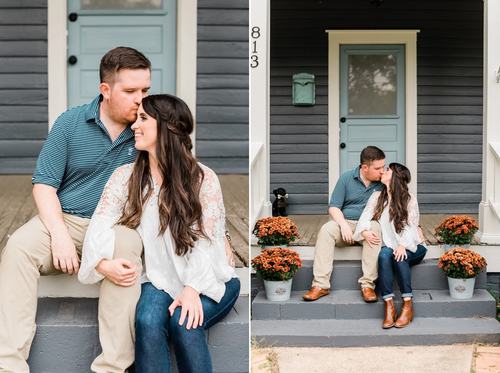 Raleigh husband kissing his wife on her forehead while they sit on the stairs of their home photo
