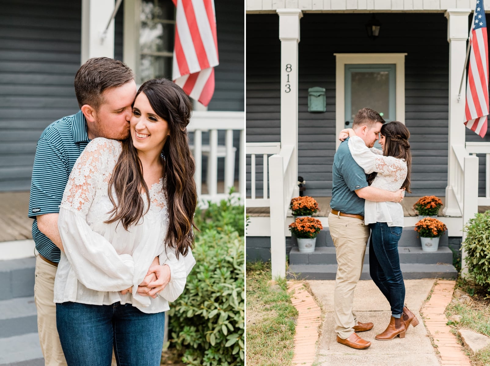 Raleigh couple laughing during home anniversary session photo