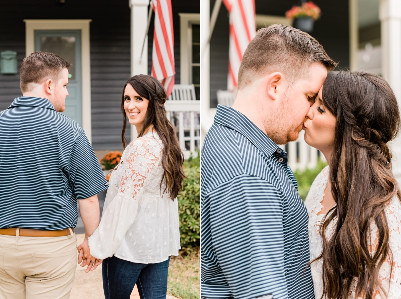 Raleigh couple kissing in front of their home for their anniversary session photo