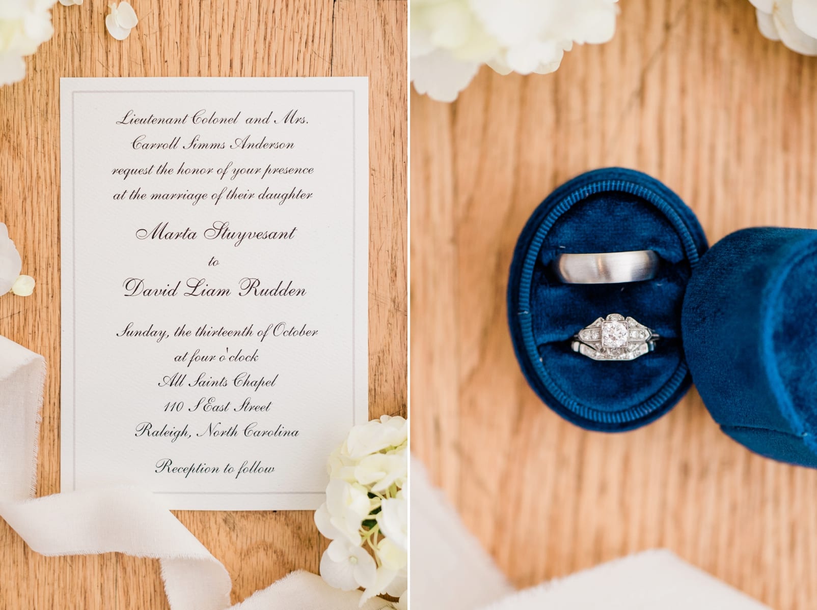 The Glass Box white with black script wedding invitations styled with wedding bands in a navy blue velvet box photo