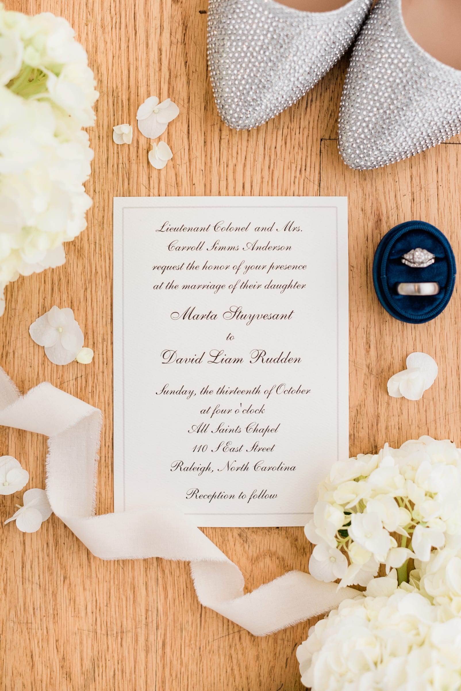 The Glass Box white with black script wedding invitation with white hydrangeas and white silk ribbon photo