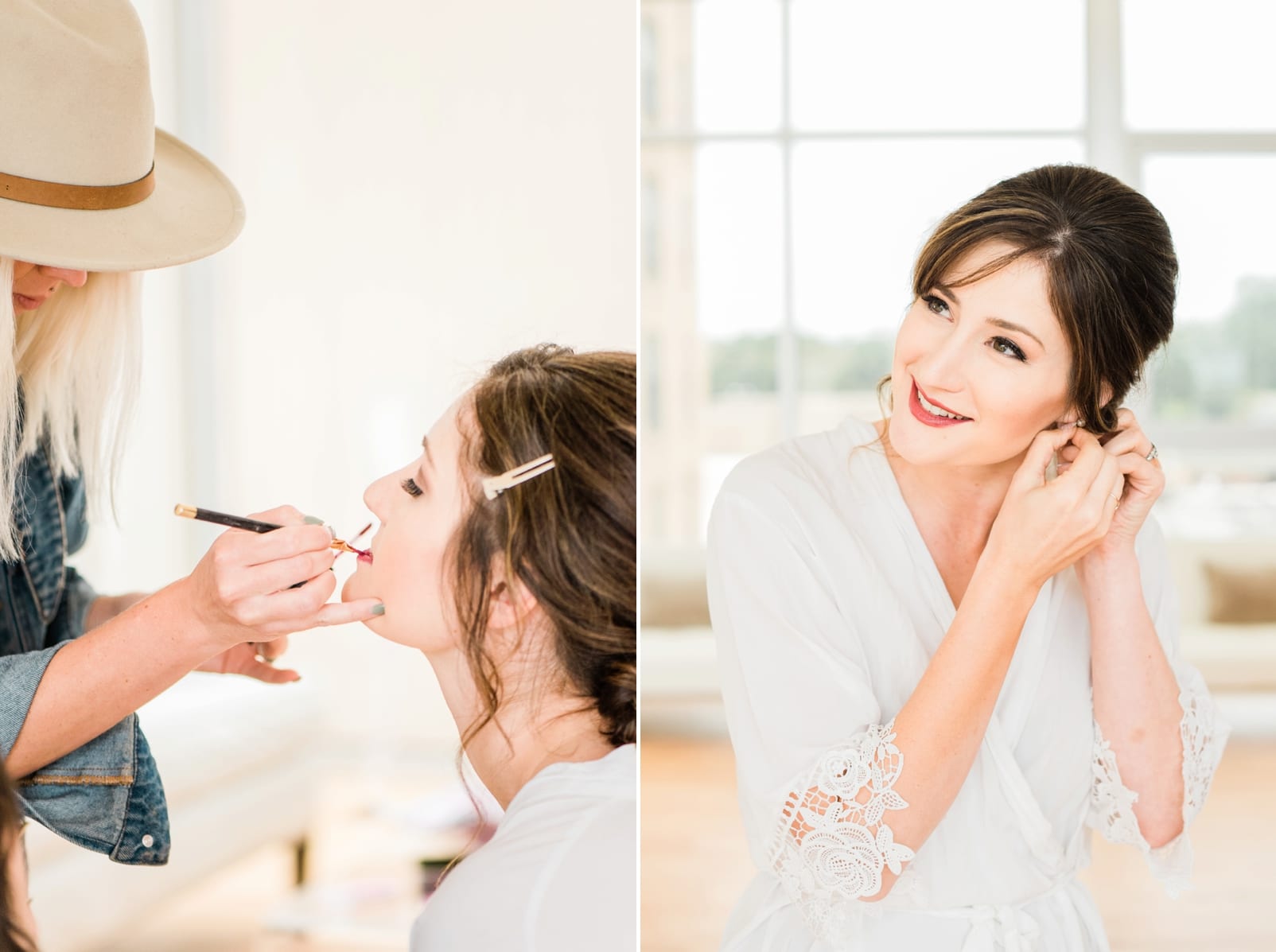 The Glass Box bride getting her make up down in a white robe with lace sleeves photo