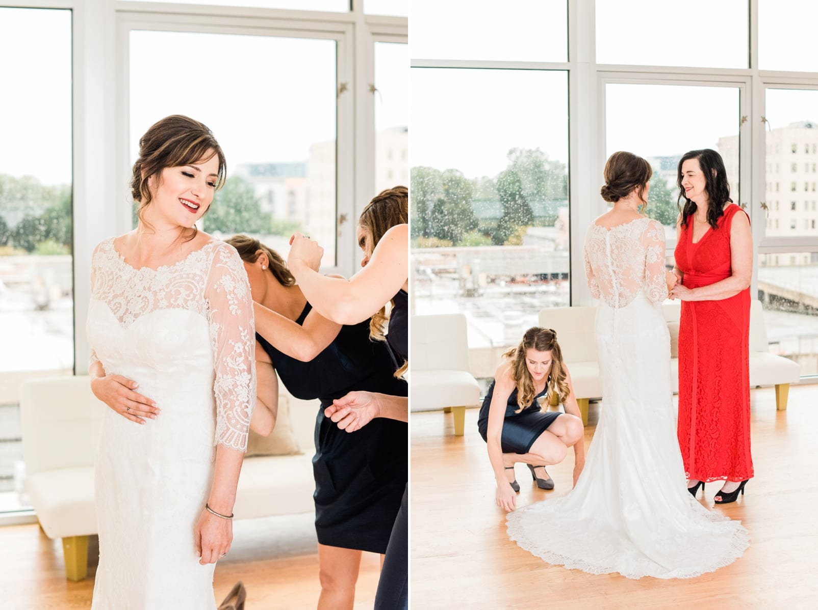The Glass Box bride getting dressed with her bridesmaids and her mother photo