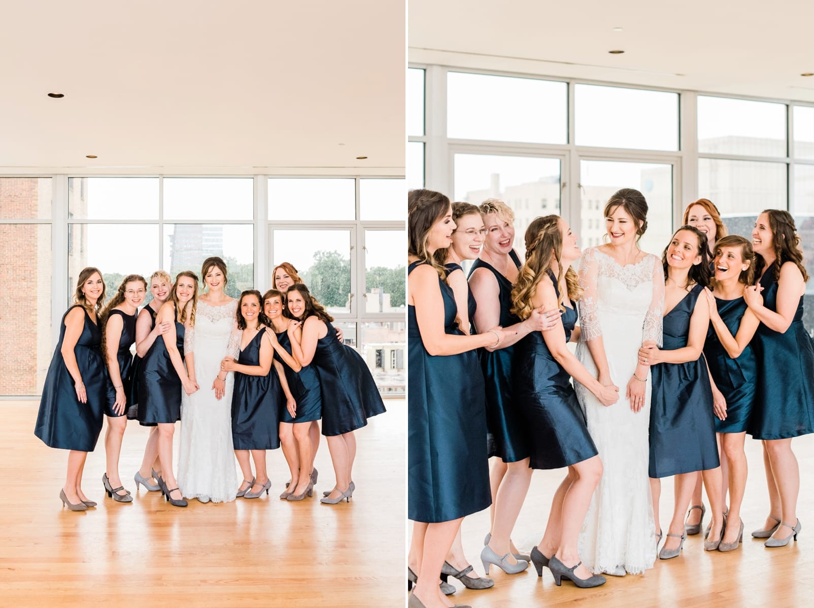The Glass Box bride in a long lace gown laughing with her bridesmaids photo
