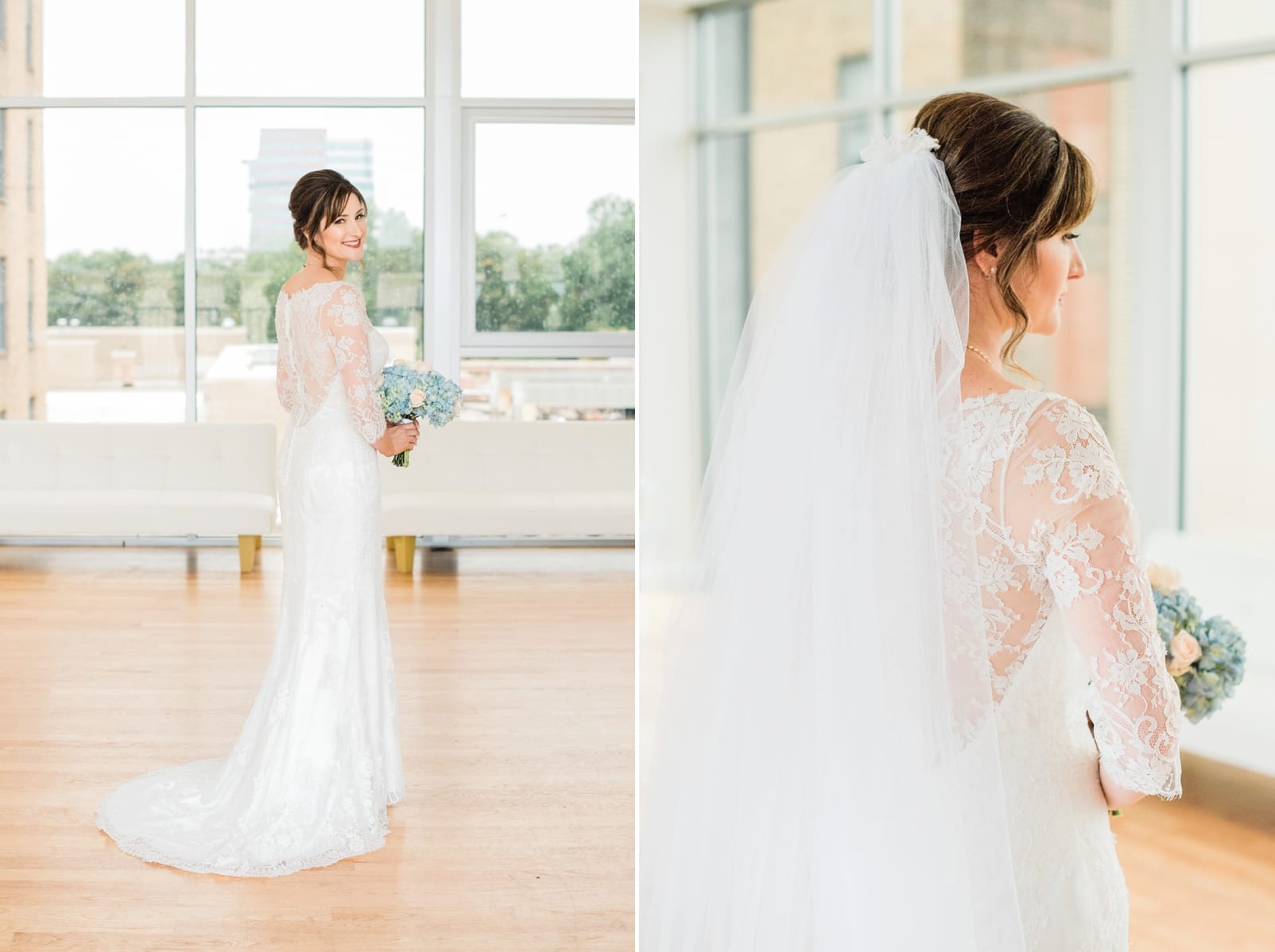 The Glass Box bride in a lace gown with a short train and a veil on photo