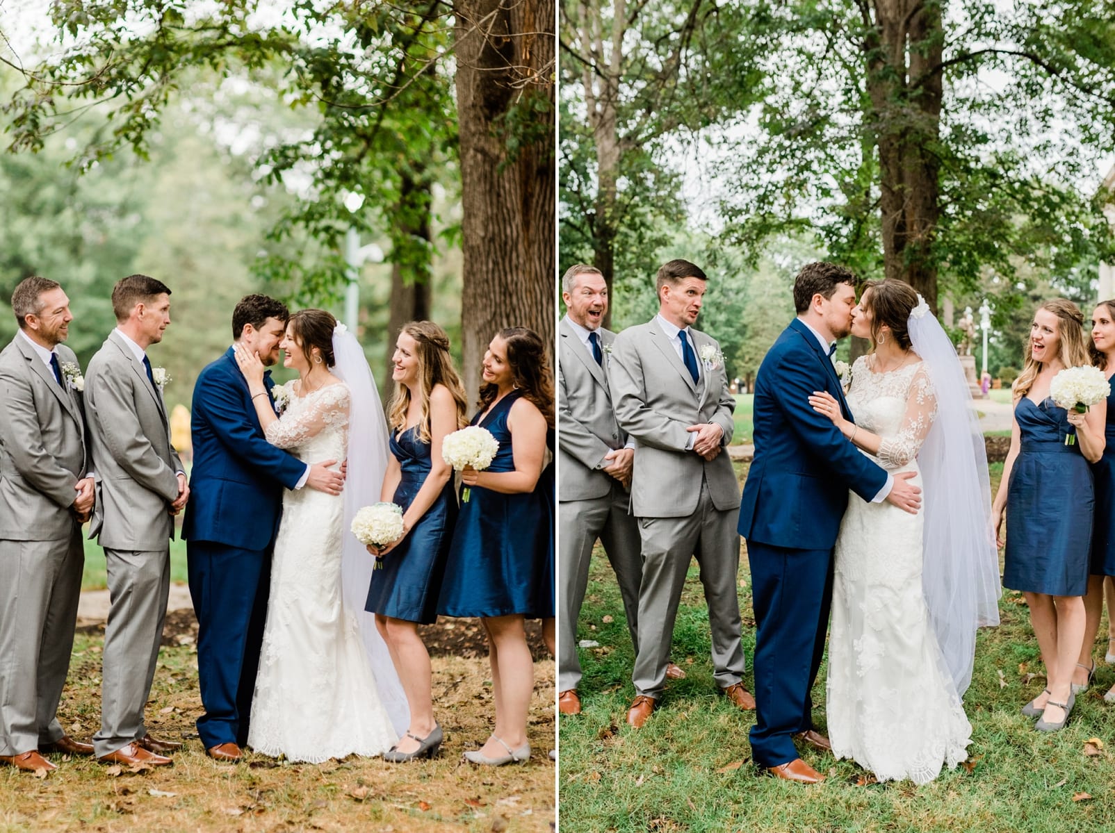 Raleigh Capital Grounds wedding party cheering while bride and groom kiss photo
