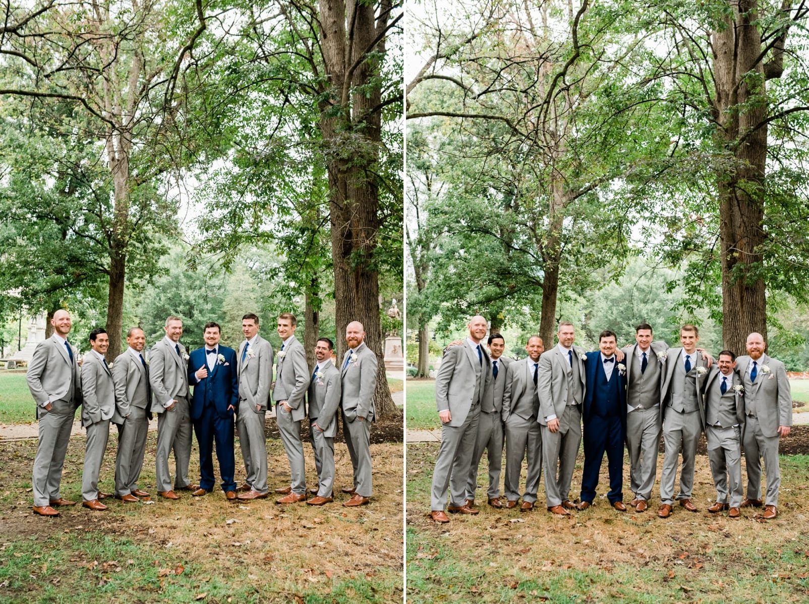 Raleigh Capital Grounds groom in navy blue tux and groomsmen in gray suits photo