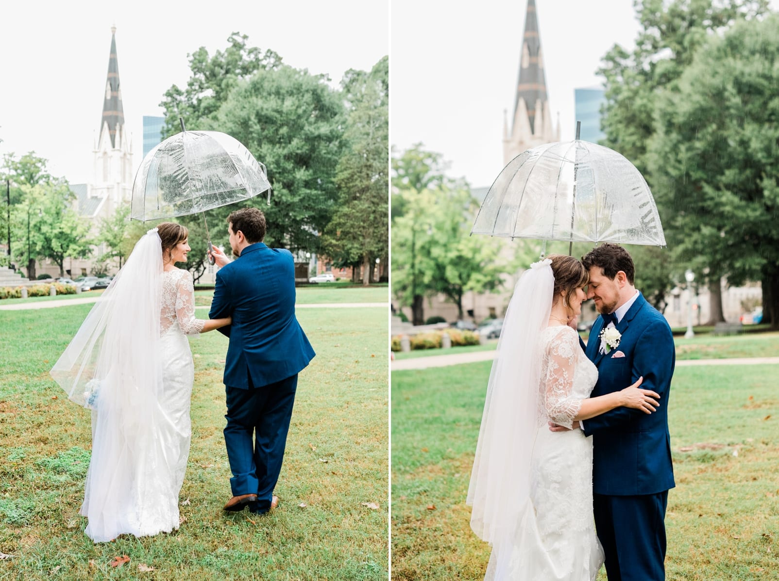 Raleigh Capital grounds bride and groom cuddled together under a clear umbrella photo