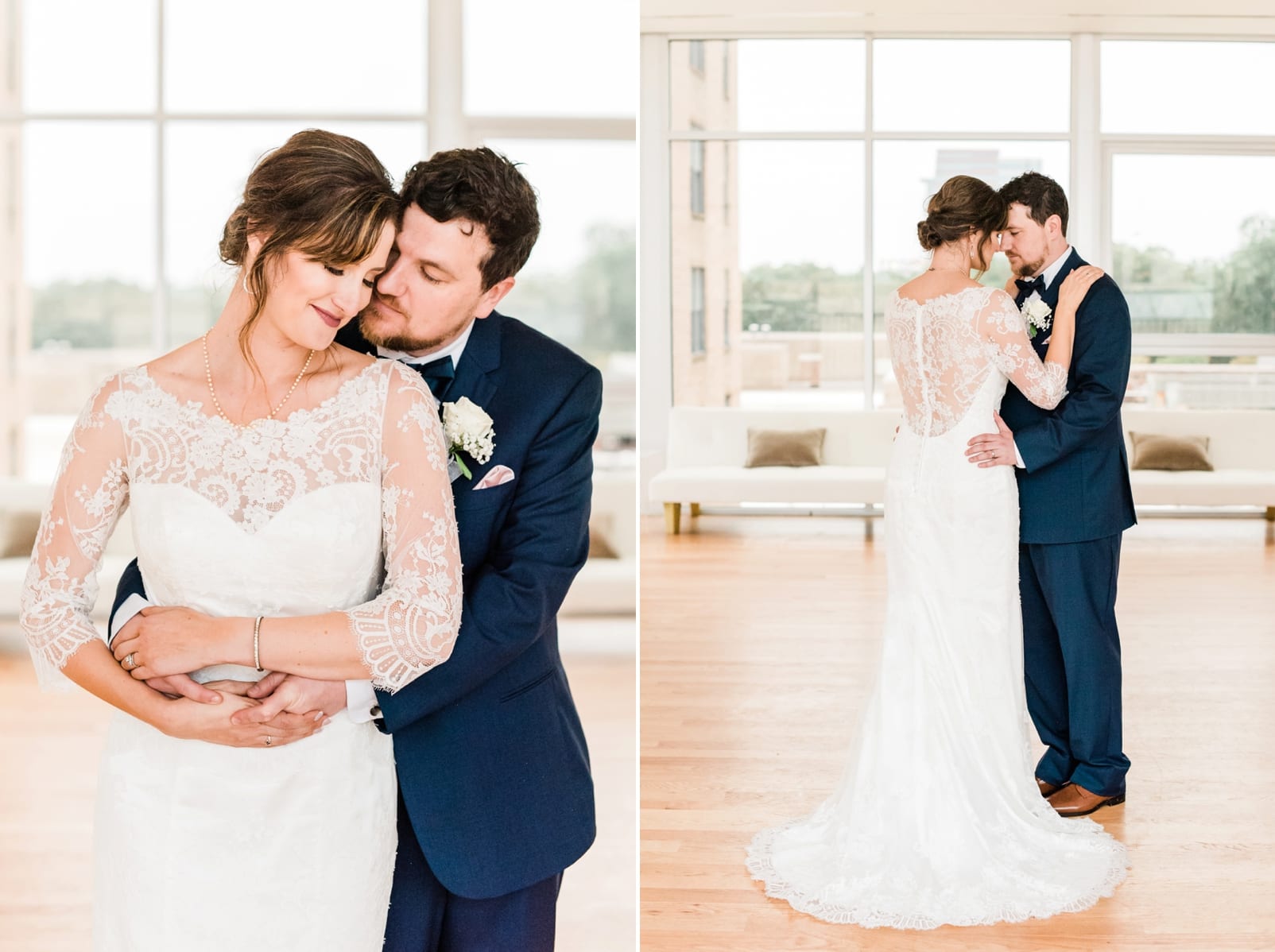 The Glass Box groom with his arms wrapped around his bride's waist photo