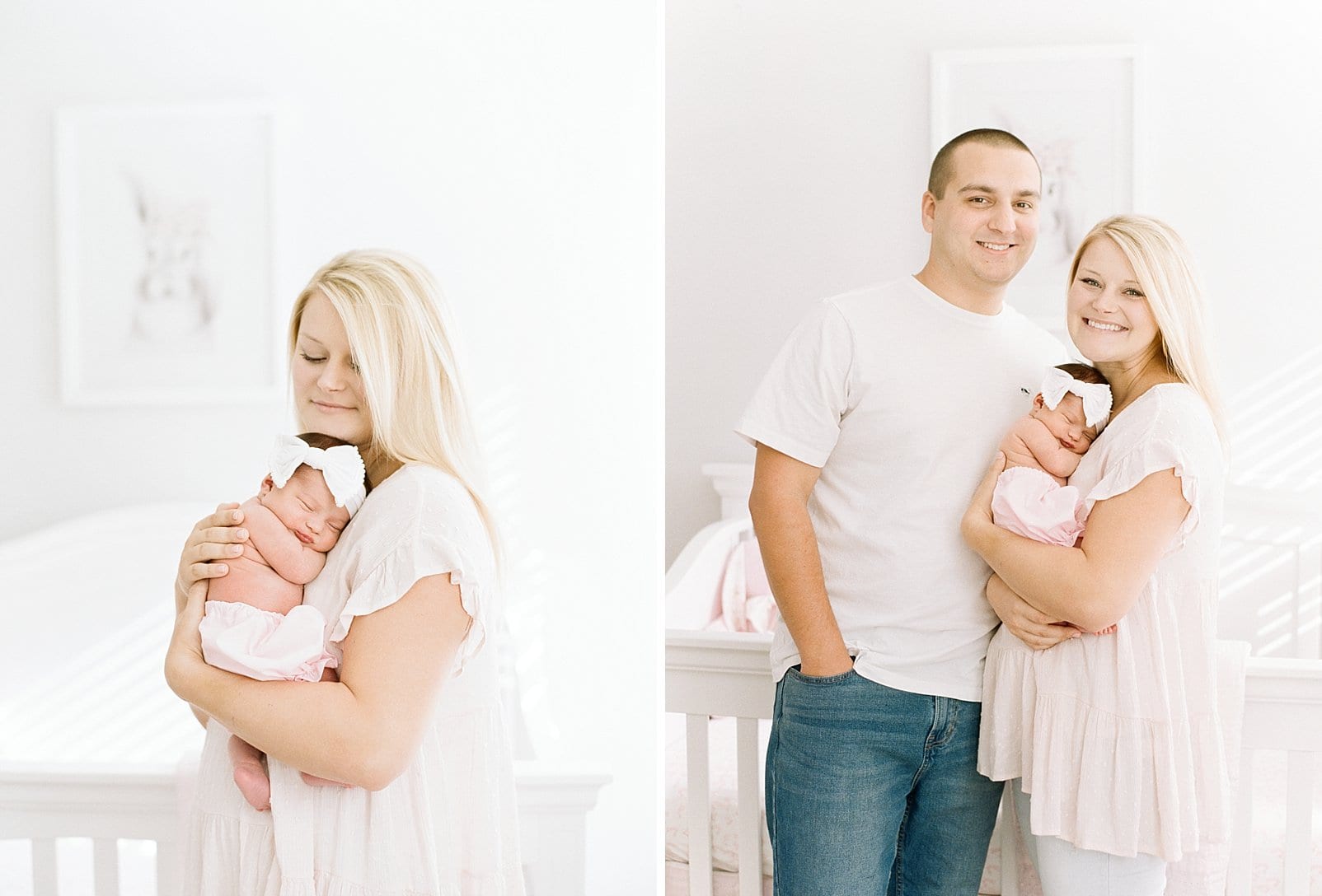 Raleigh mother and father holding their newborn baby girl in a white diaper and a white bow photo