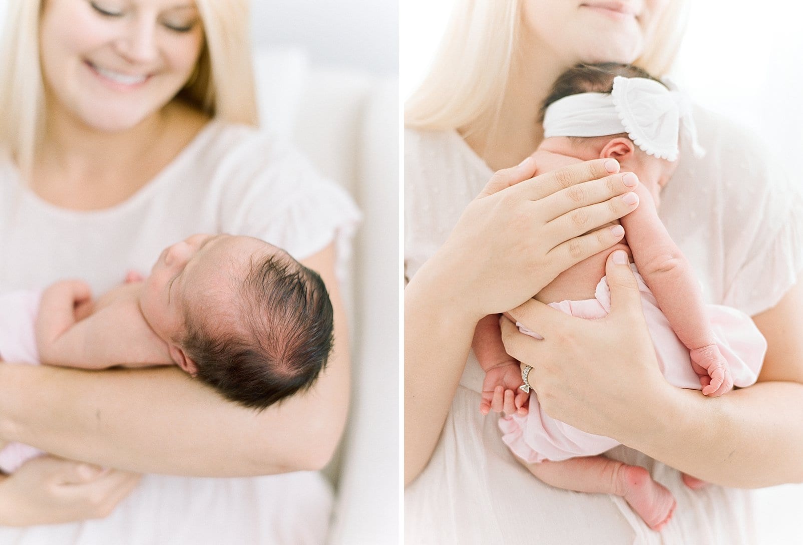 Wake Forest film newborn photographer mother holding her newborn baby girl wearing a white bow photo