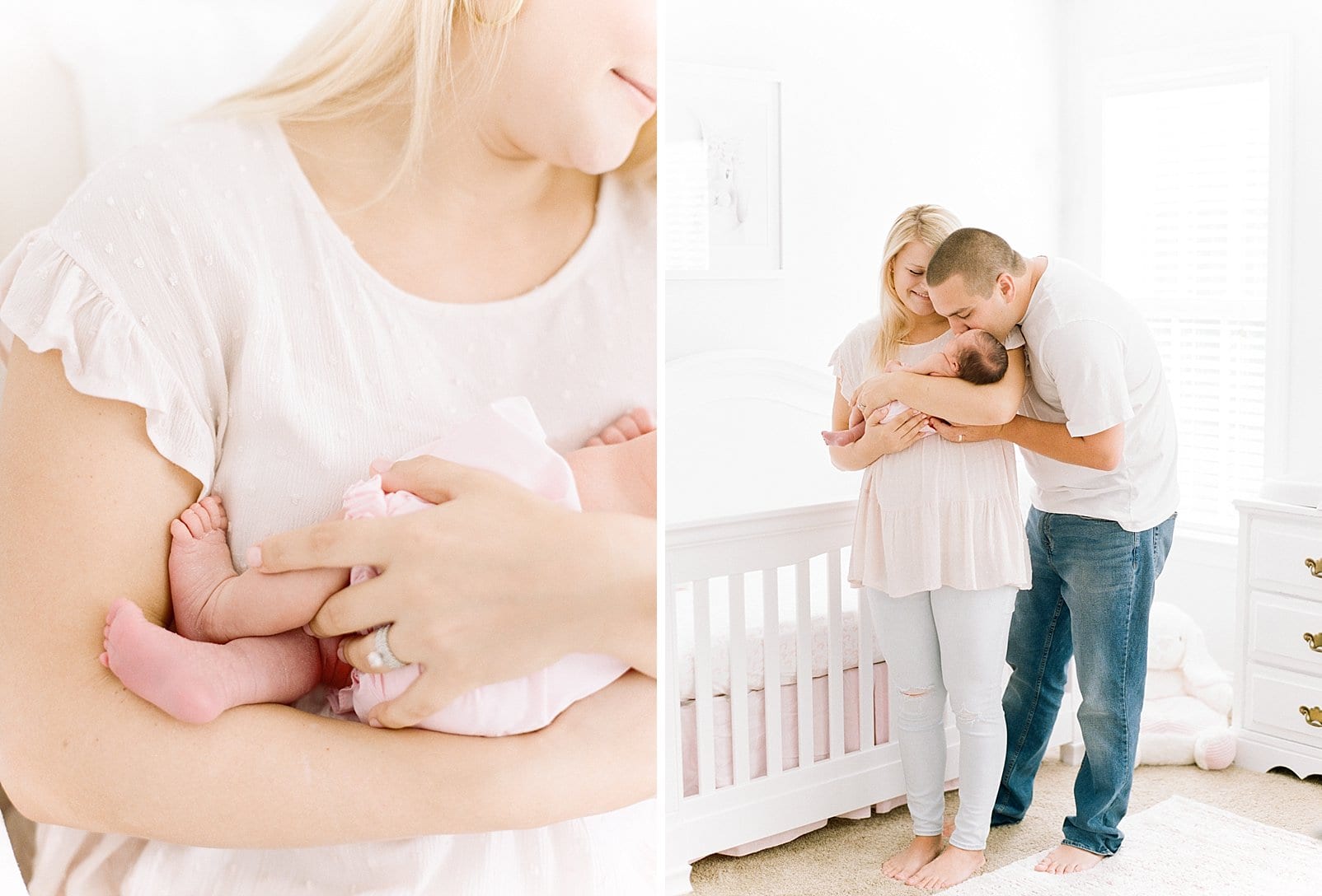 Raleigh mother and father holding their newborn daughter in her nursery in front of a white crib photo