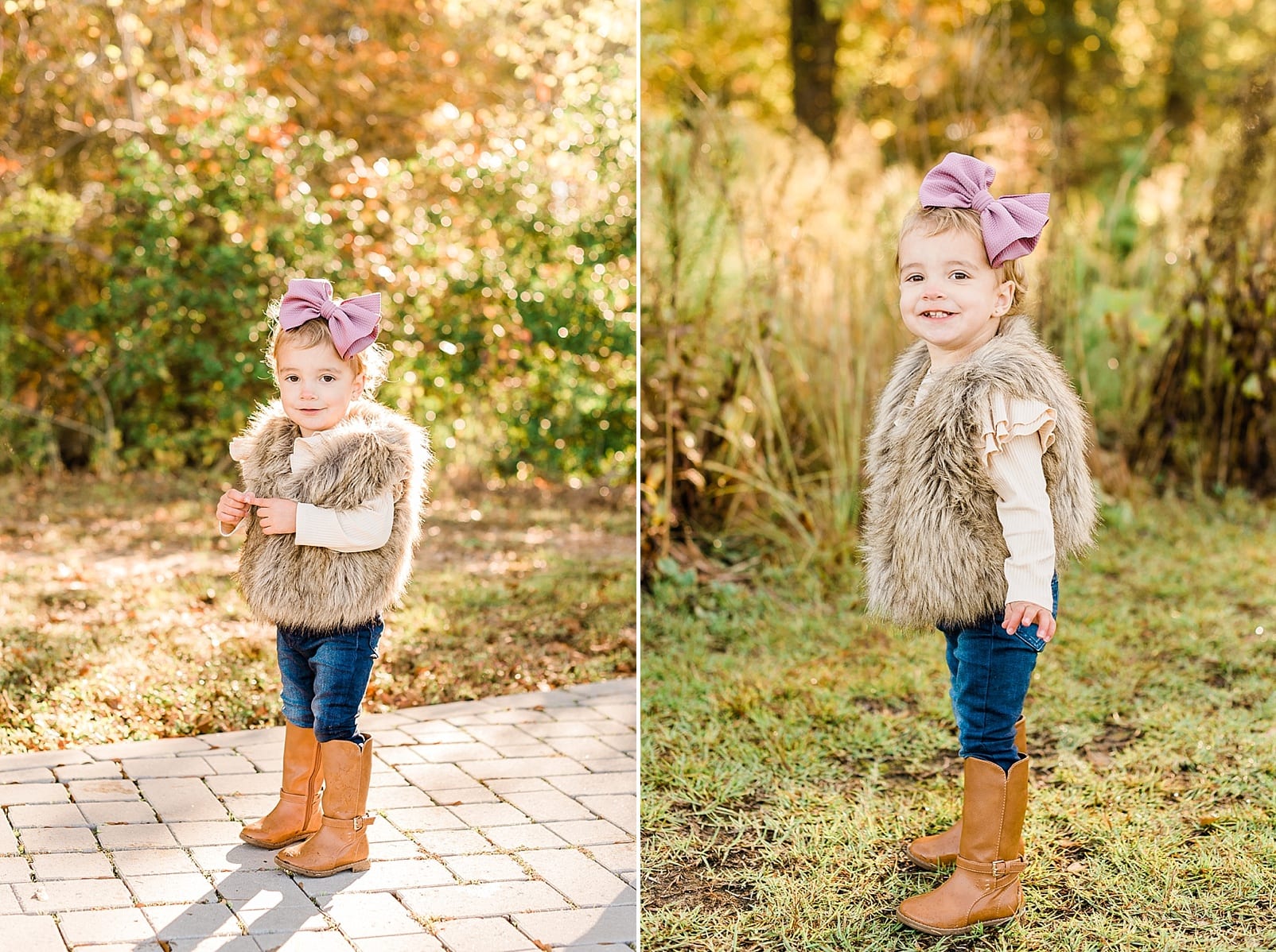 Raleigh 2 year old girl in a fur vest with a pink bow and boots standing on a path beside a field photo