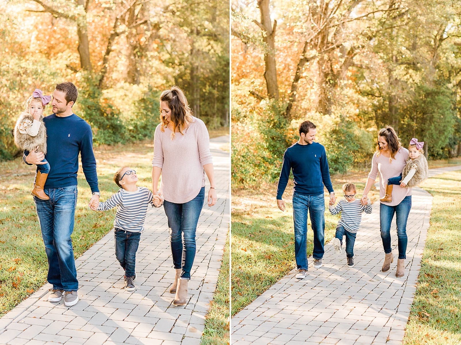 Raleigh family of four walking together and hold hands down a stone path photo