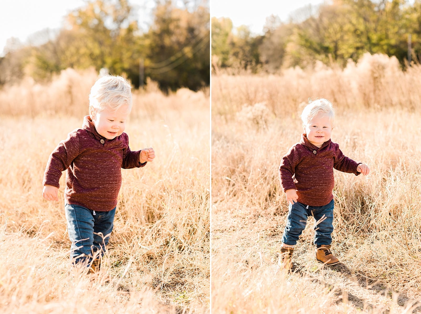Wake Forest 16 month old boy in a burgundy sweater walking along a grass path photo