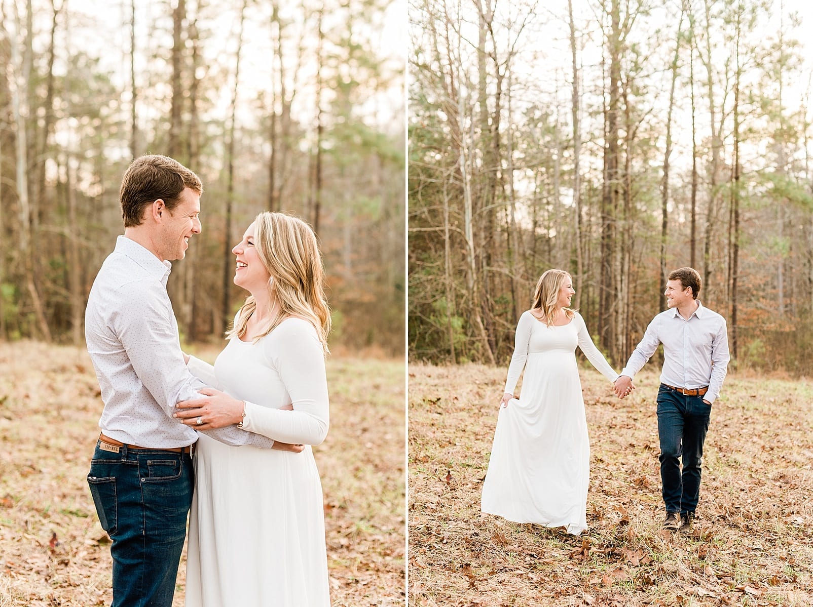 Wake Forest husband and wife holding hands and walking during their maternity session photo
