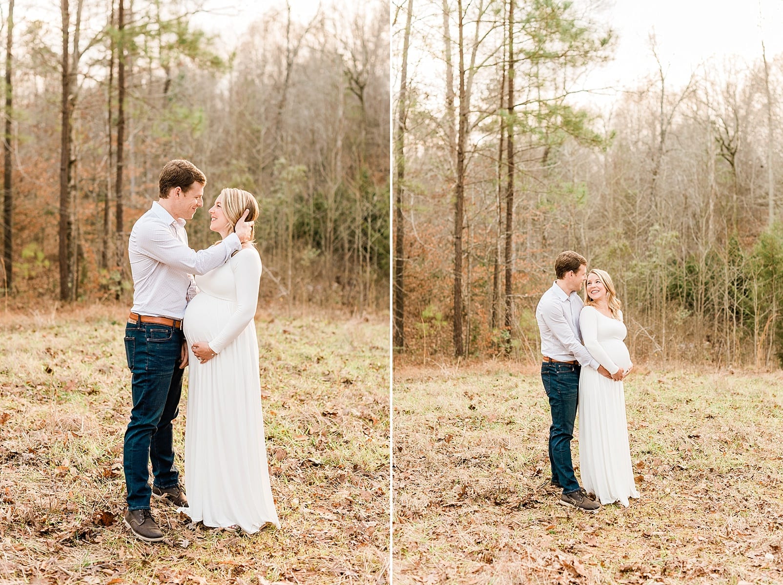 Wake Forest husband and wife embracing during their maternity session outside in the woods photo