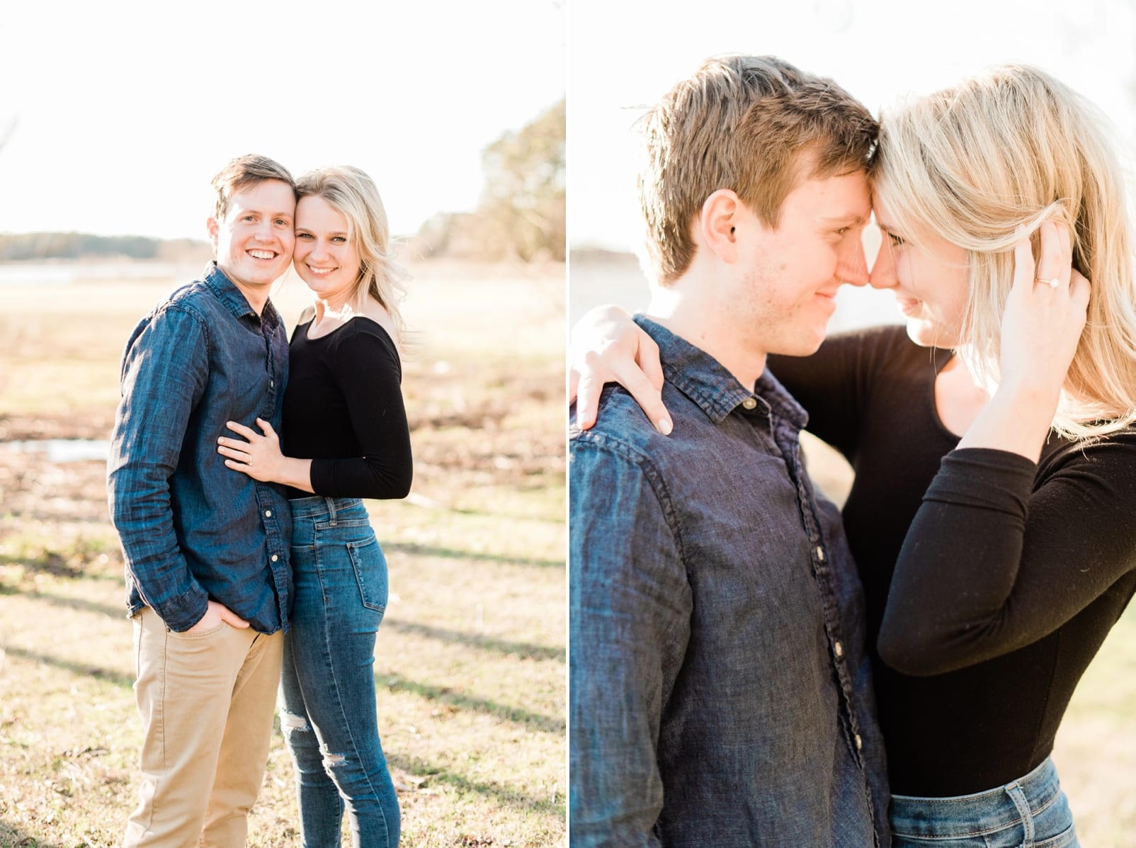 Raleigh couple standing in the middle of a field for their engagement session with her wearing a black body suit and jeans and him in a denim shirt photo