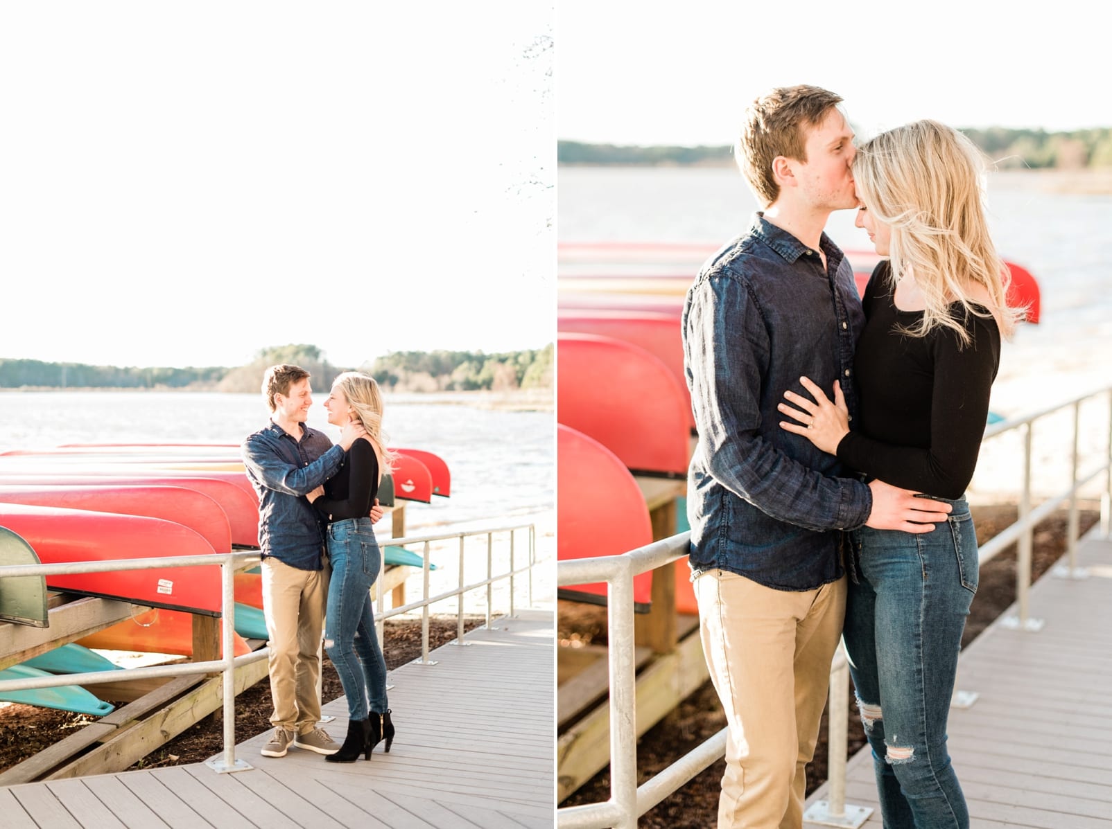 Raleigh engagement session on a dock with red canoes photo