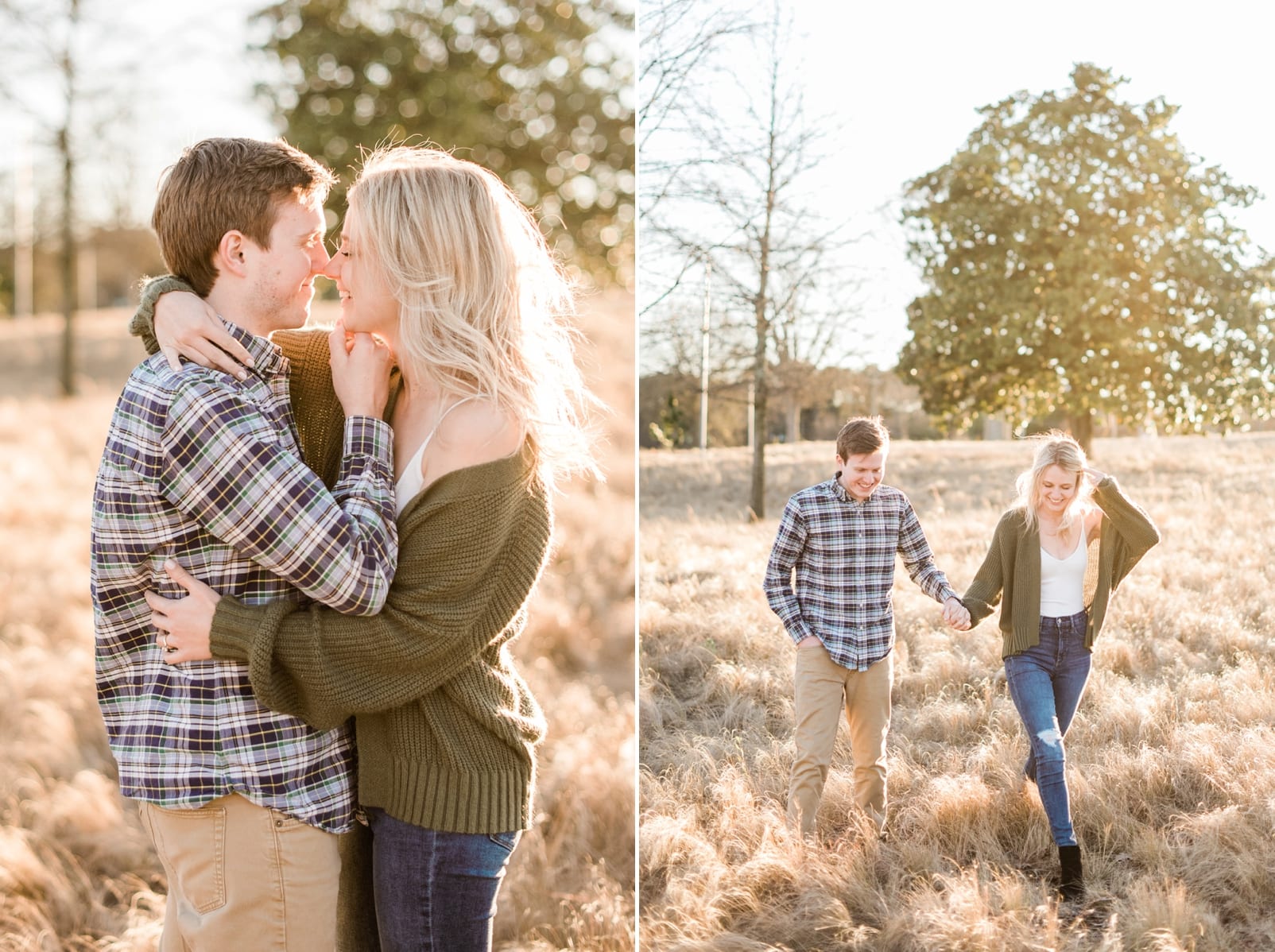Raleigh engagement session couple walking through the grass holding hands photo