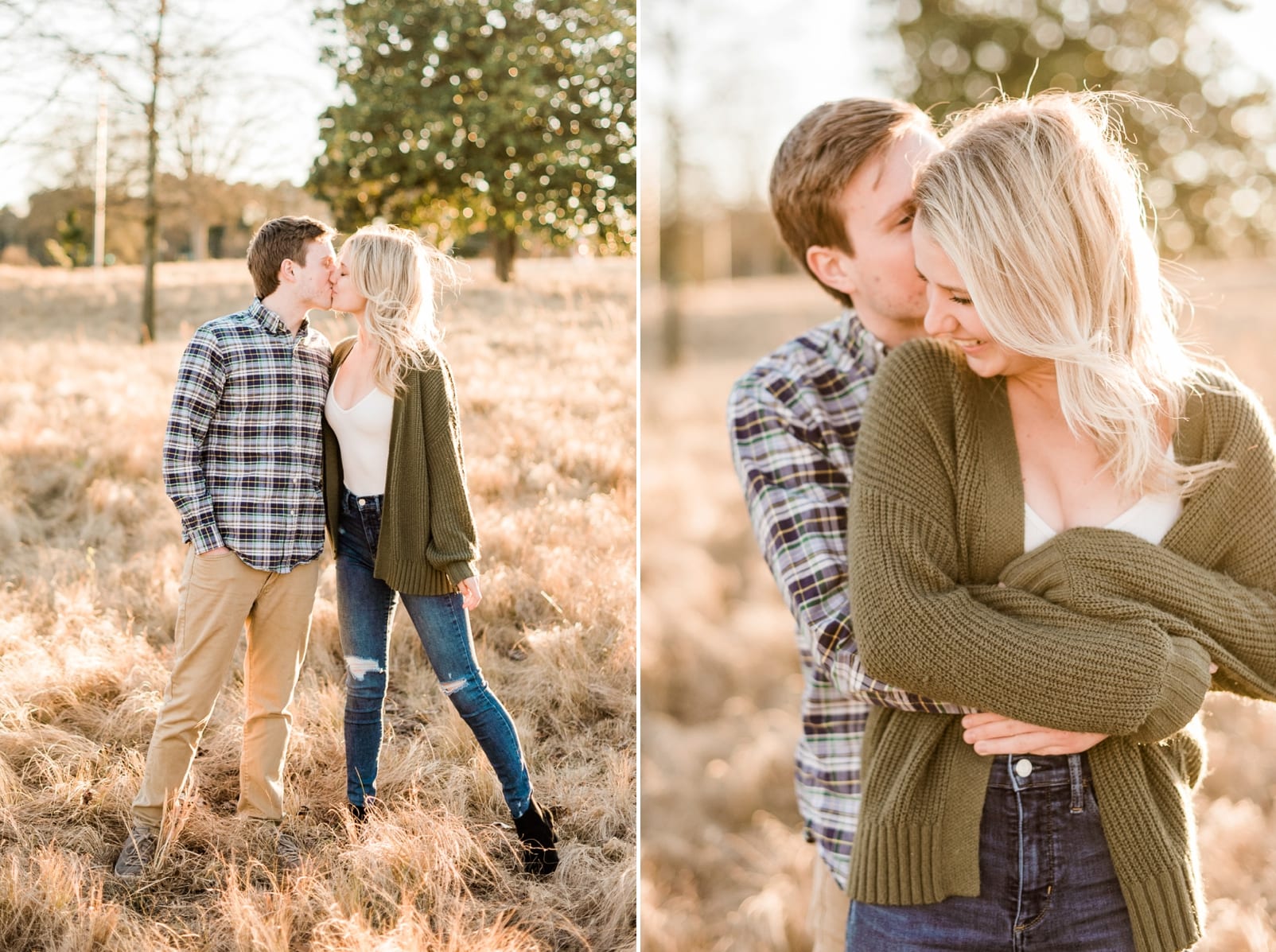 Winter engagement session with her in a green cardigan sweater and him in a plaid button down shirt photo