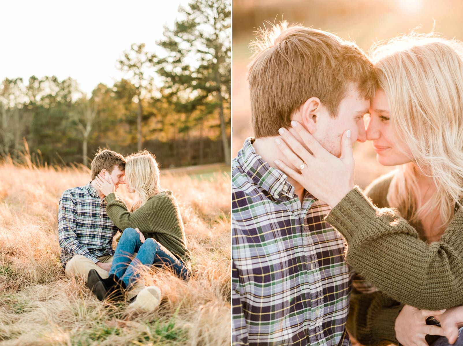 Winter engagement session at sunset with the couple snuggling and leaning their heads together photo