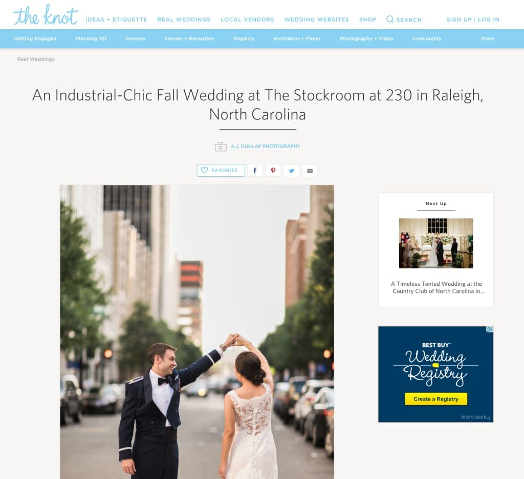 Raleigh, NC wedding photographer finds their work featured on a national wedding blog.