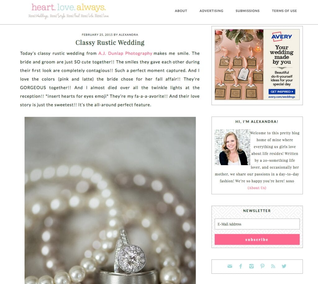 Raleigh, NC wedding photographer finds their work featured on a national wedding blog.