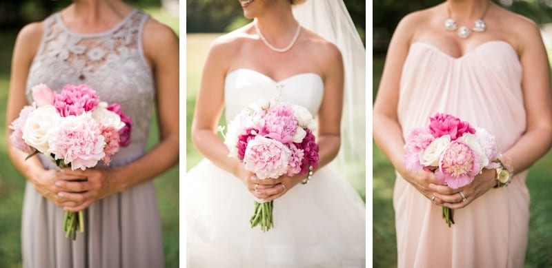 Pink peonies, rustic touches, and mix matched bridesmaid dresses make this Apex, NC spring wedding beautiful.