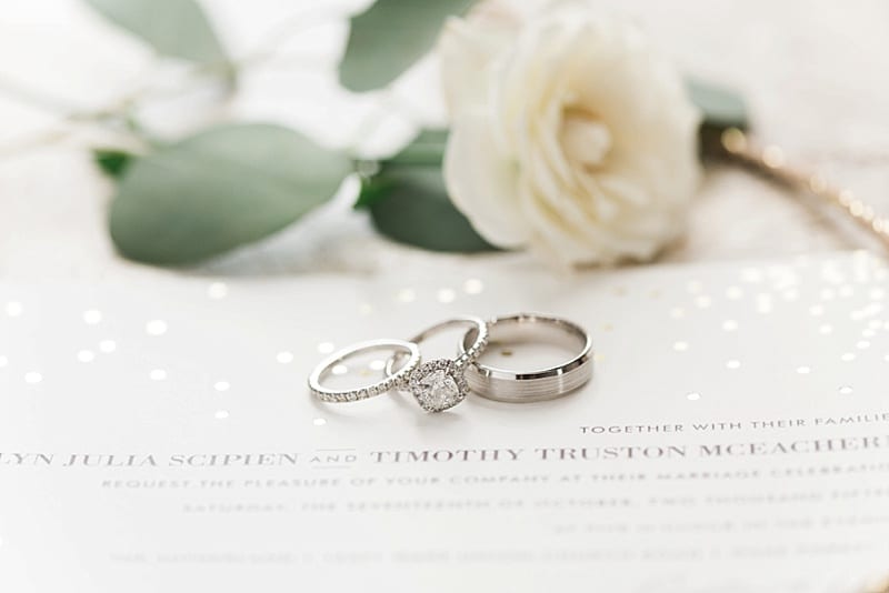 wedding rings styled on a wedding invitation photo