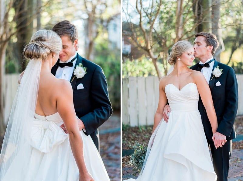 Wilmington bride and groom portraits wedding gown with bow detail photo