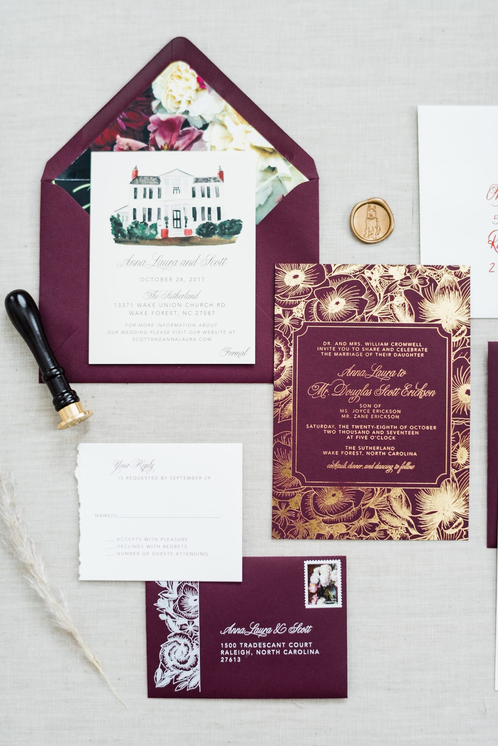 sutherland wake forest wedding photographer burgundy wedding invitation suite wax seal envelope liner photo