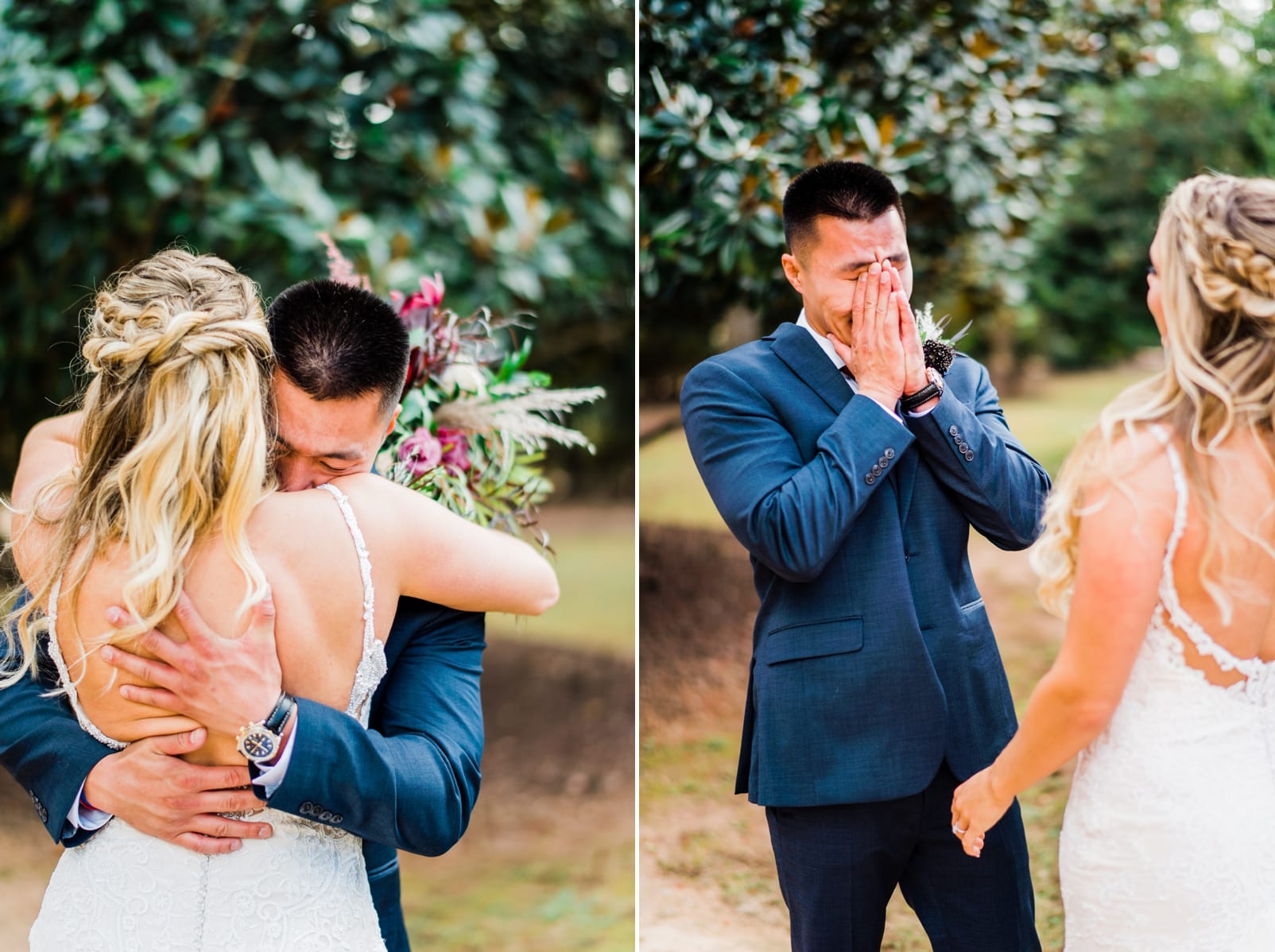 sutherland wake forest wedding photographer bride and groom first look groom crying navy suit inspiration photo