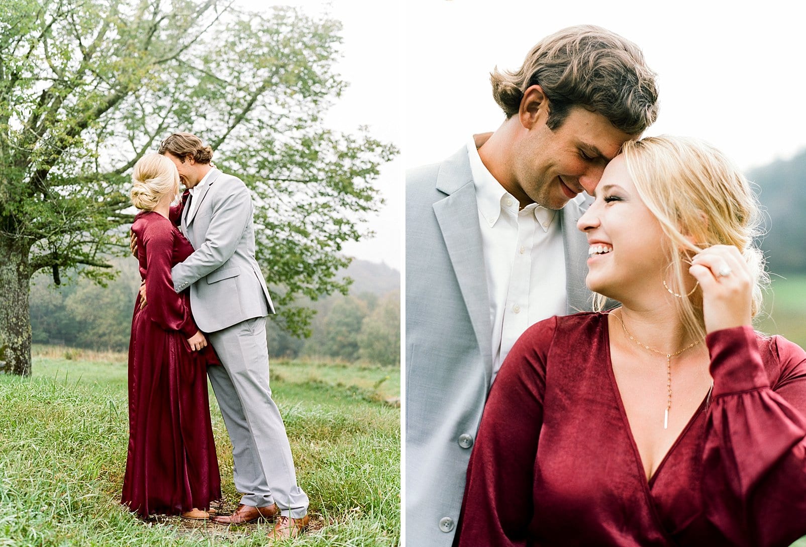 mountain engagement session with bride in burgundy dress and groom in gray suit photo