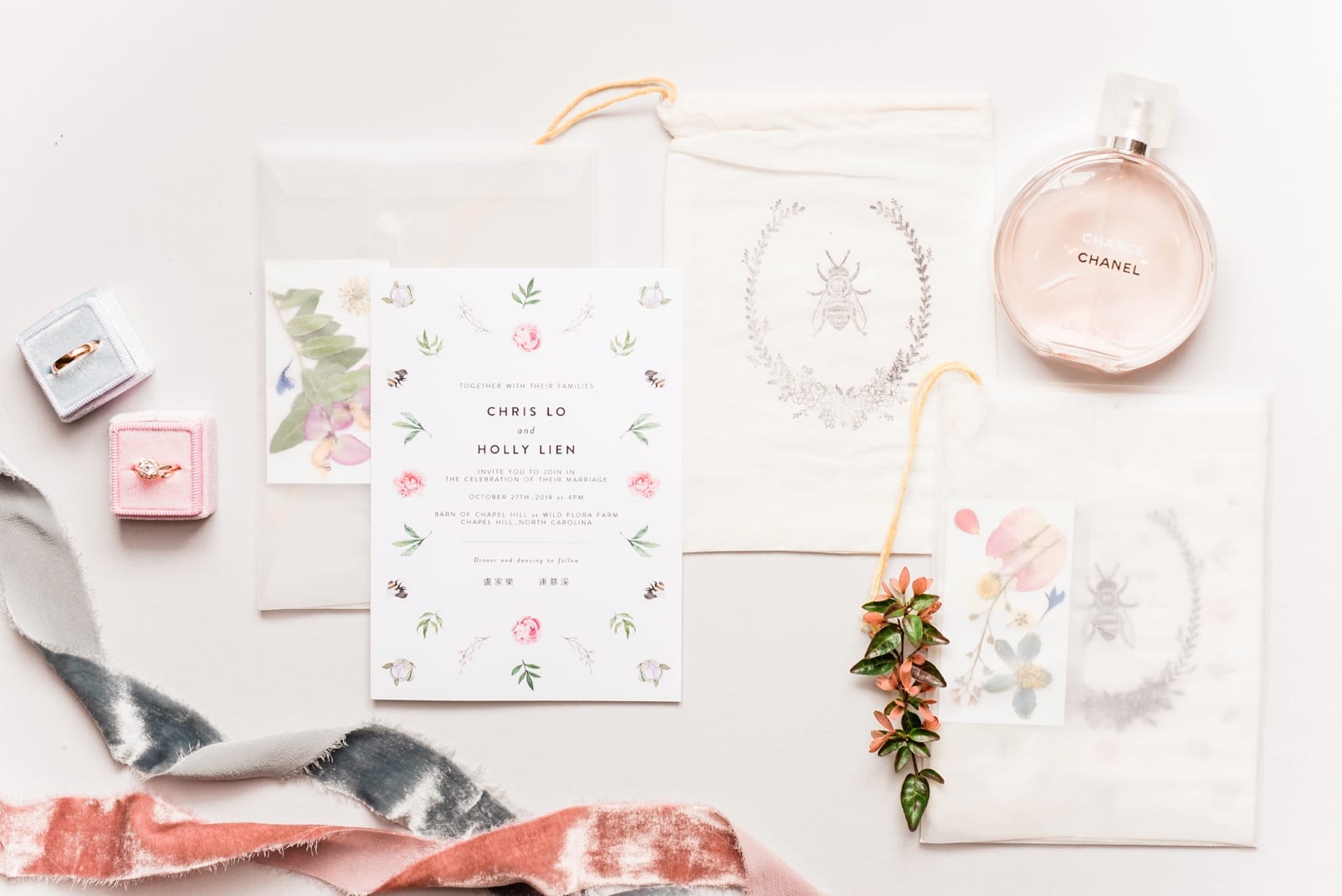 Chapel Hill, NC bride designed wedding invitation suite with watercolor florals photo