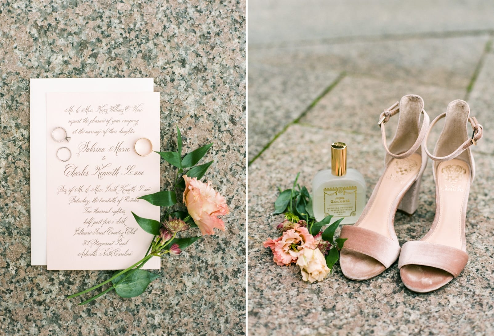 Papersource wedding invitation suite and blush bridal shoes and perfume with fresh flowers photo