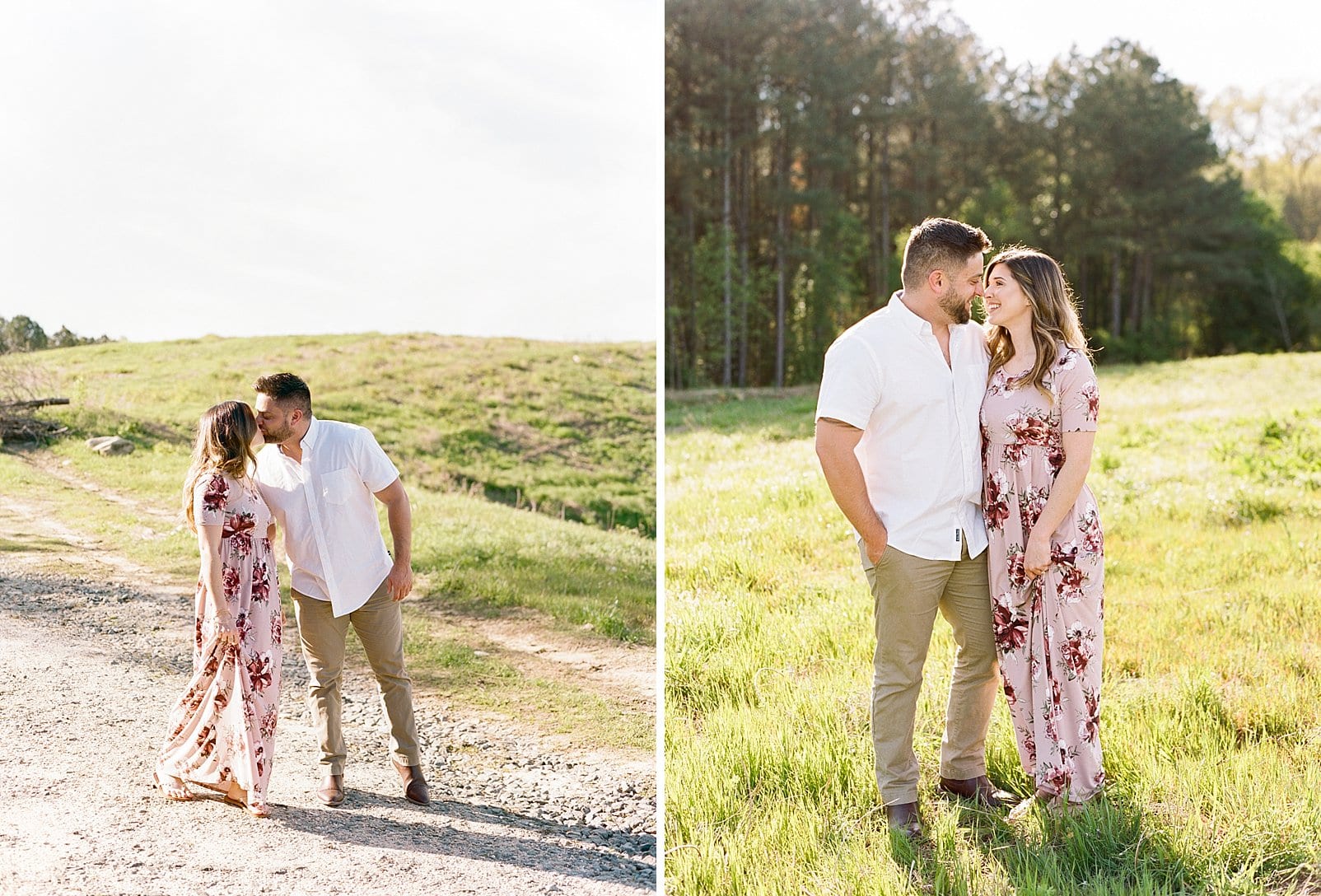 Raleigh engagement session with the couple kissing in an open field photo