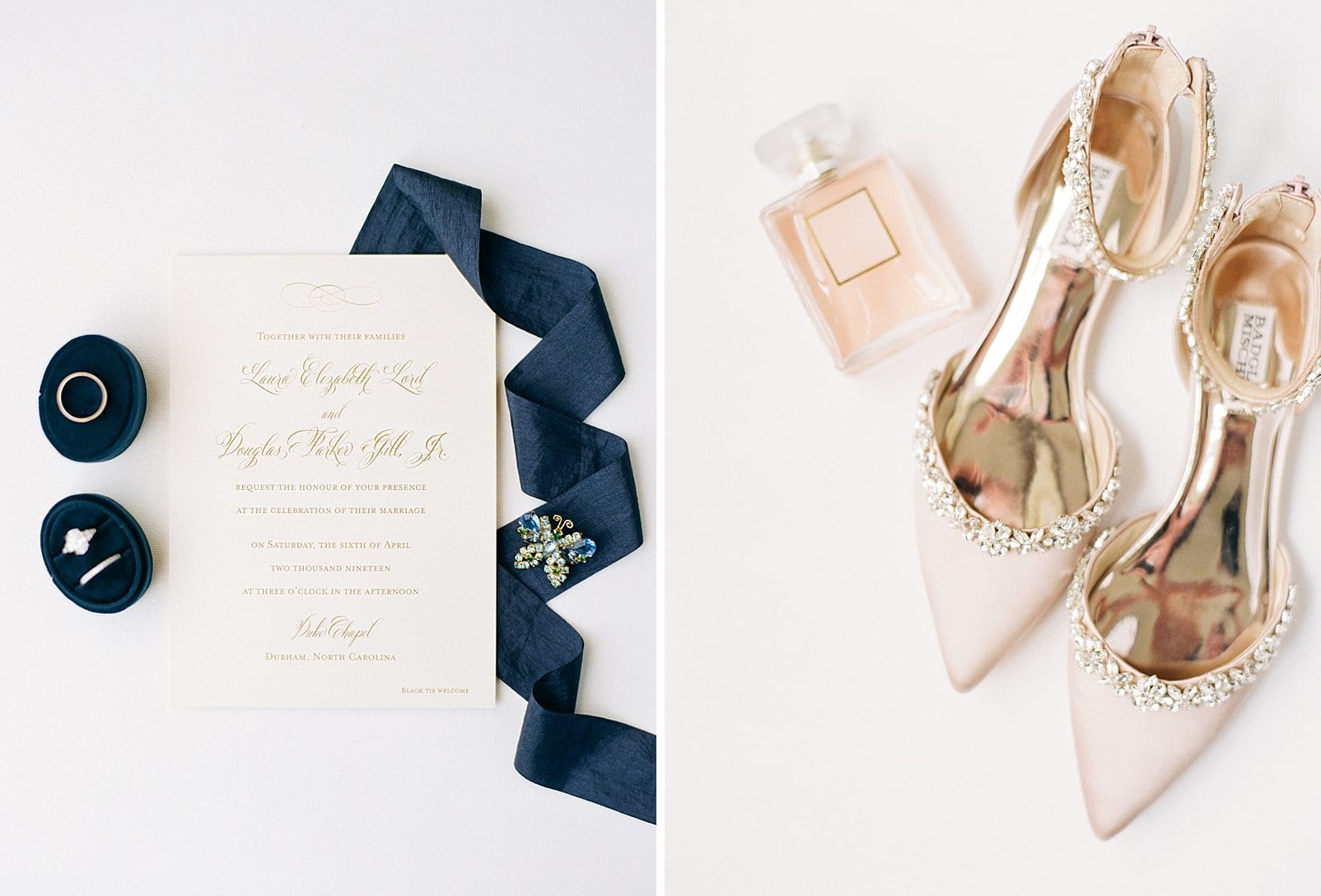 Reaves Engraving wedding invitation suite with navy blue ribbon and Badgley Mischka wedding shoes photo