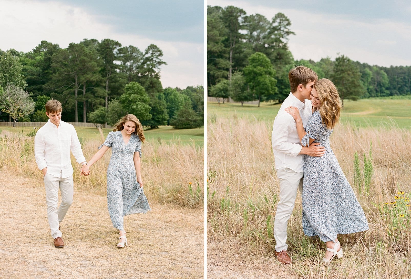 Raleigh engagement couple holding hands and walking down a grass path photo