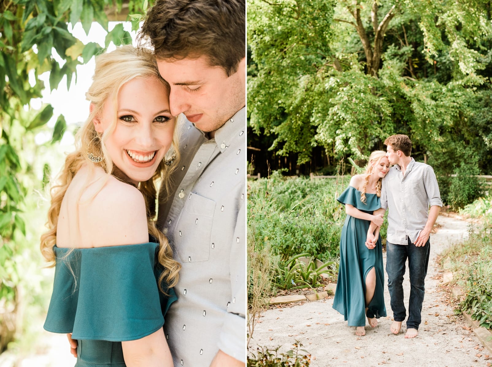 Raleigh engagement session with girl snuggled in to her finance walking along a gravel path through a garden photo