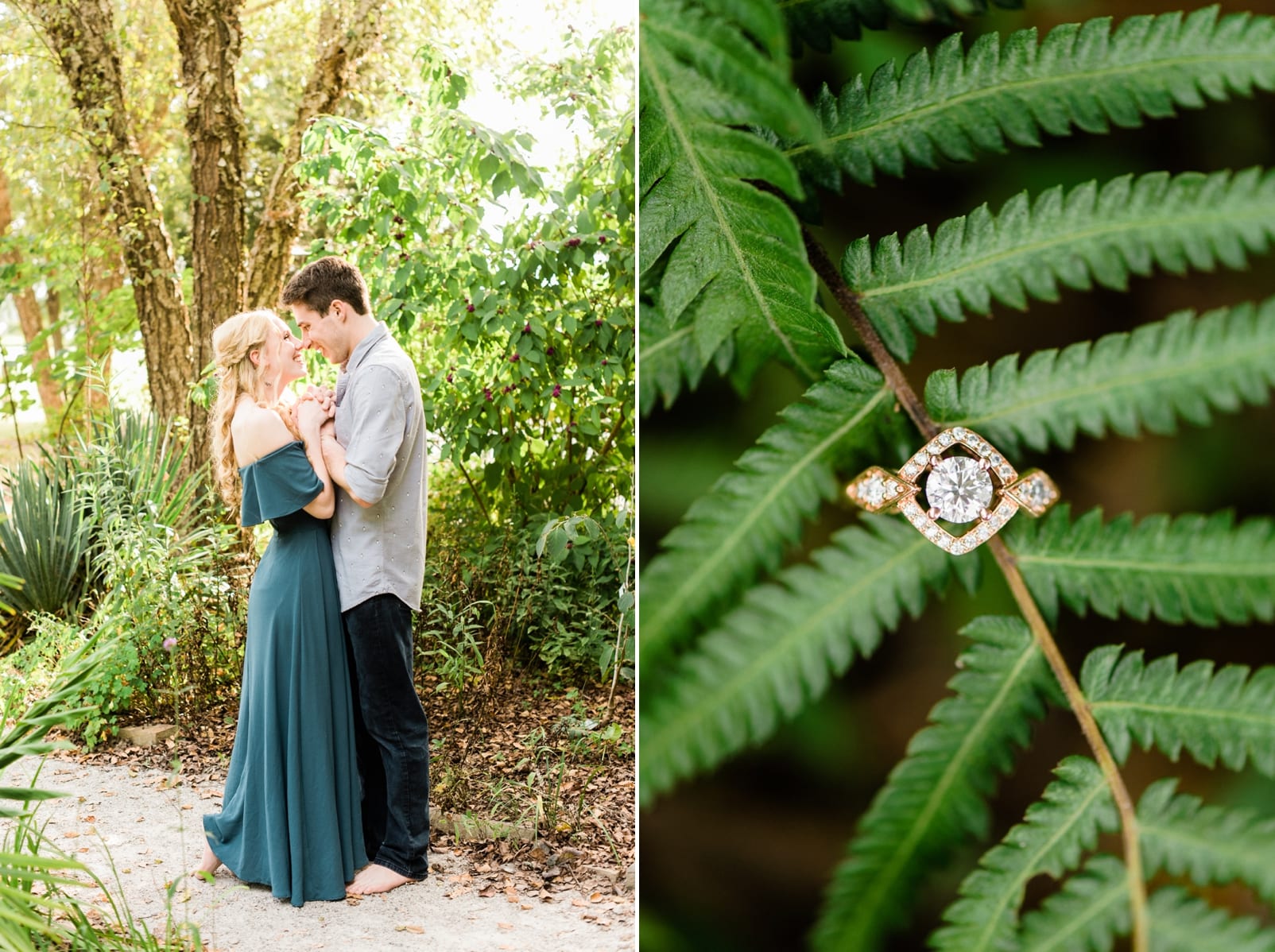 Raleigh engagement session with engagement ring on a fern leaf photo