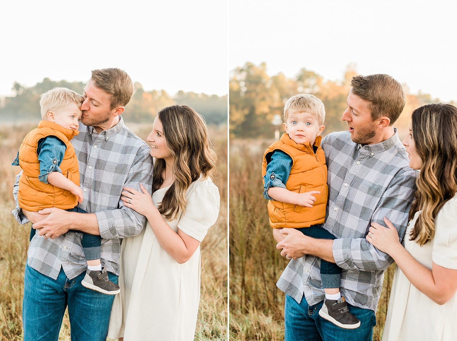 Wake Forest mini session with 2 year old boy in a yellow vest and denim shirt photo