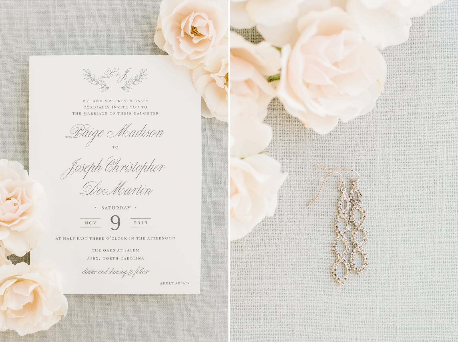 Raleigh wedding invitation suite and bridal earrings styled with white flowers photo