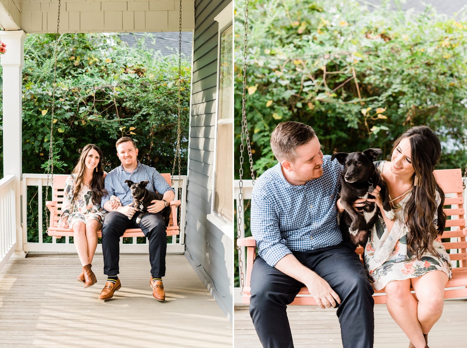 Raleigh couple anniversary session at their home and sitting on the front porch swing photo