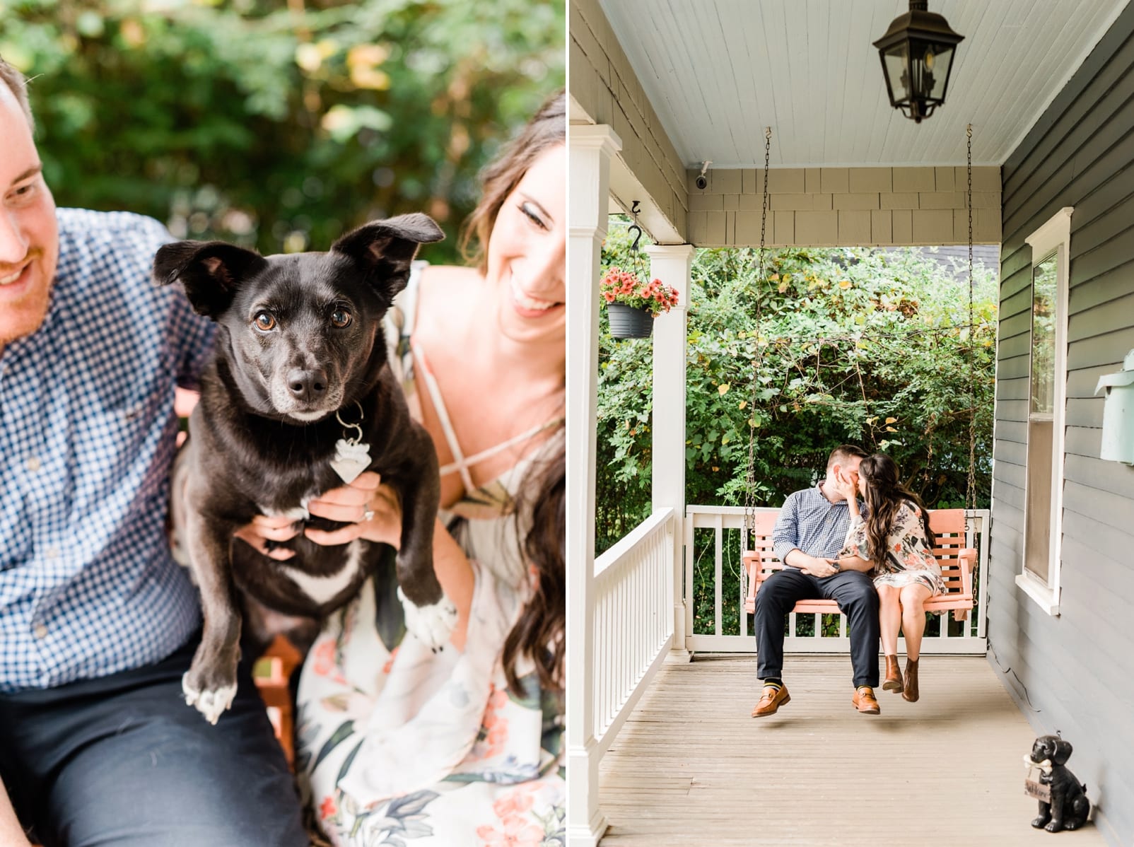 Raleigh married couple holding their dog while swinging on their front porch photo
