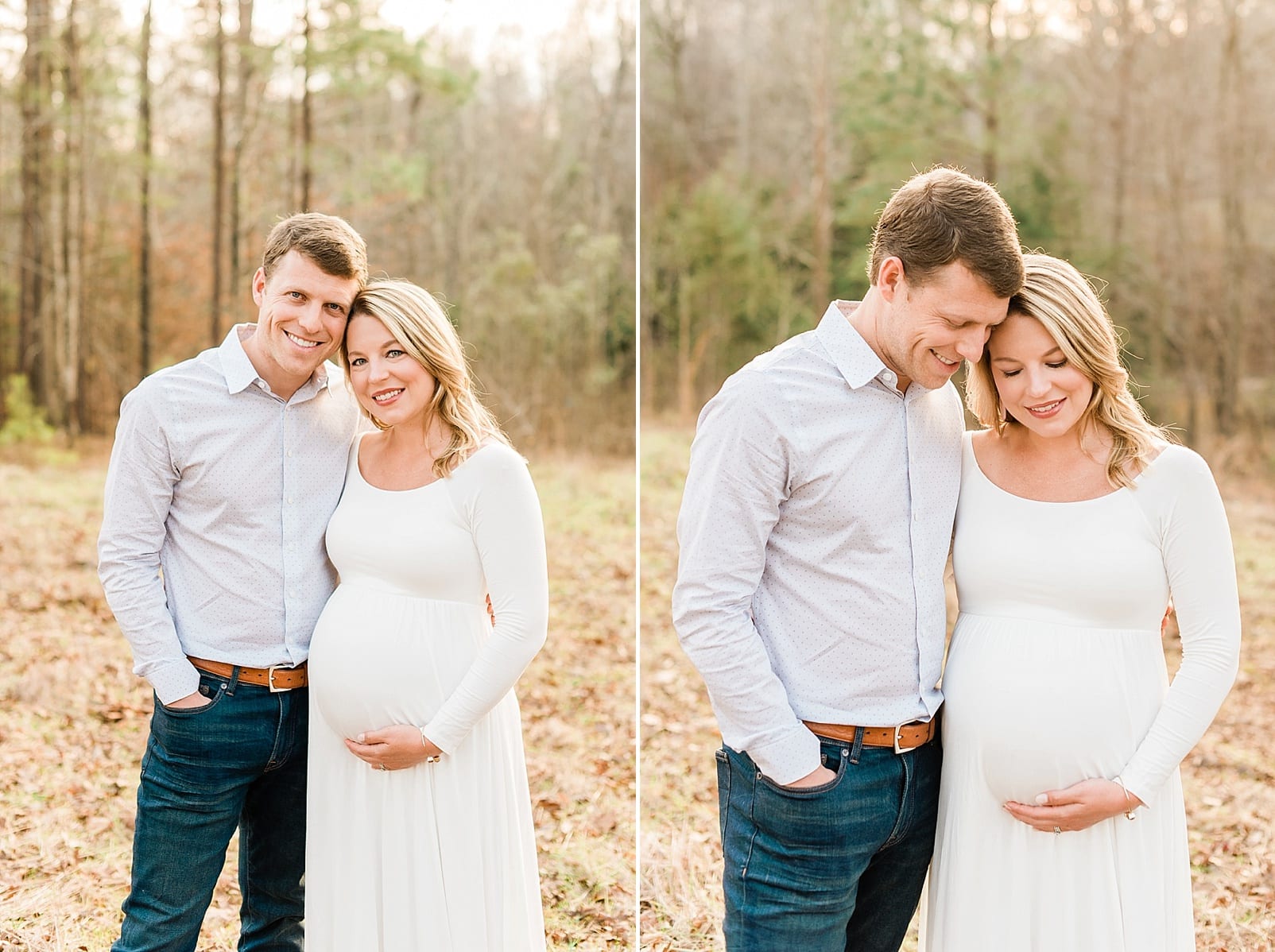 Raleigh maternity session with wife in a long sleeve cream maternity dress photo