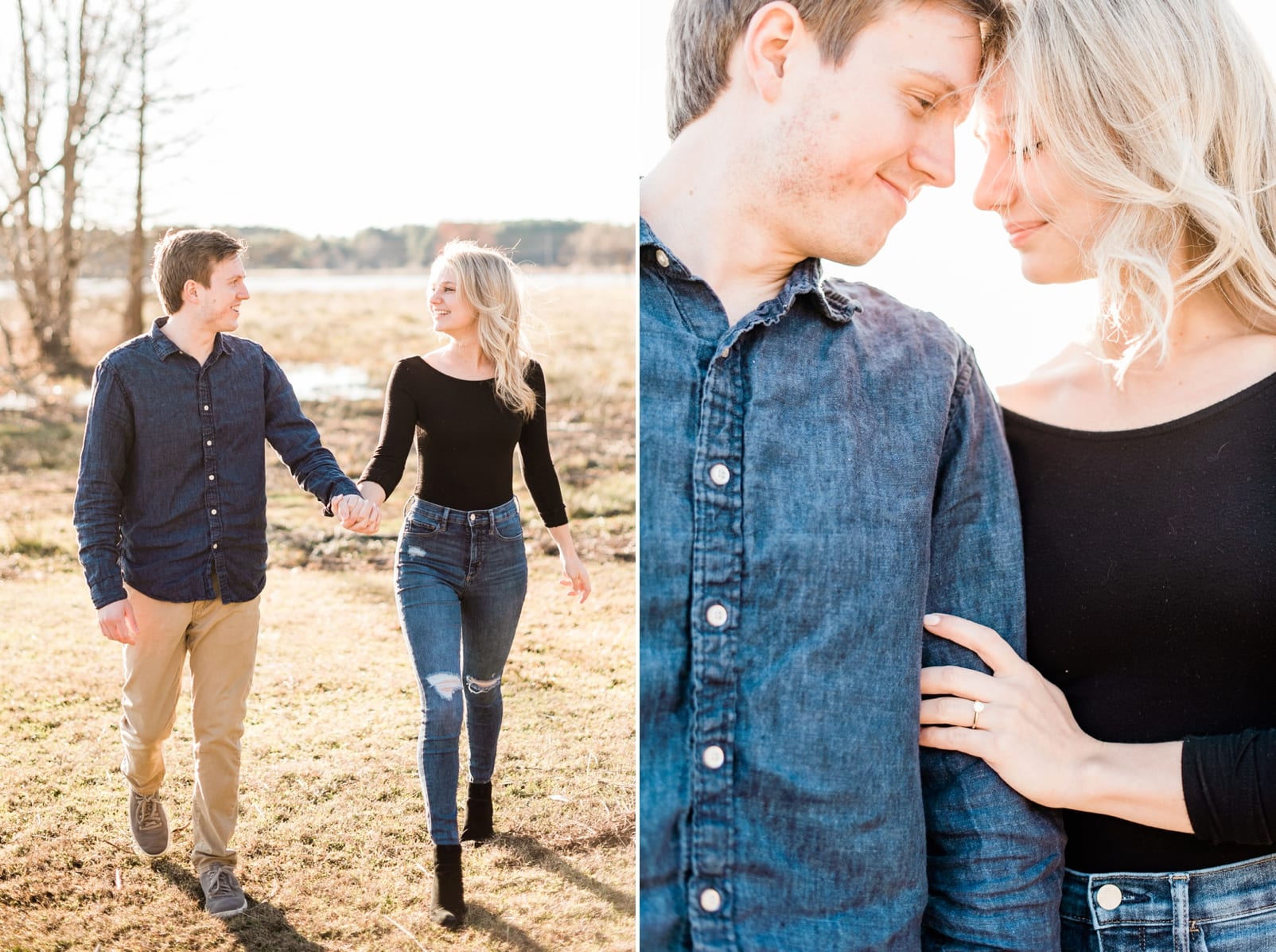 Winter engagement couple walking and holding hands during their session photo