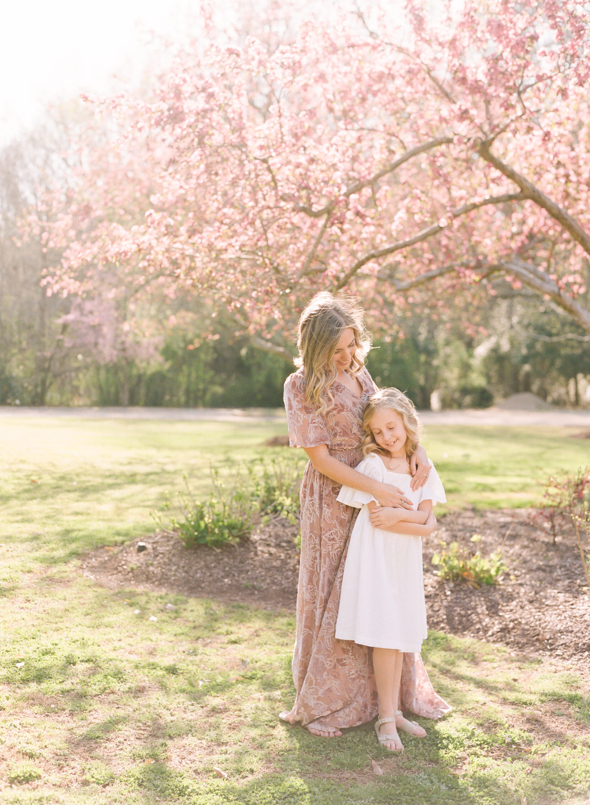 Mom and daughter snuggling under a cherry blossom tree. Image at The Sutherand in Wake Forest by Raleigh famiy photographer A.J. Dunlap Photography.